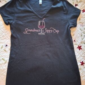 Grandma's Sippy Cup Rhinestone V-Neck Tee - Black